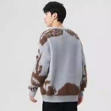 玉儿恋 美式复古不规则撞色提花设计感圆领百搭慵懒感宽松直筒长袖针织衫 男女同款 黑色