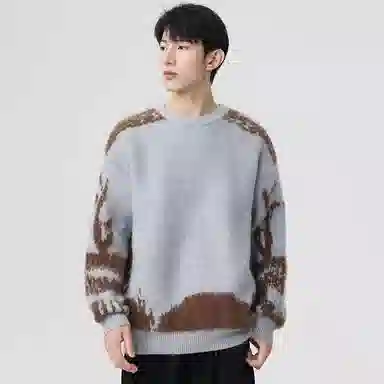 玉儿恋 美式复古不规则撞色提花设计感圆领百搭慵懒感宽松直筒长袖针织衫 男女同款 黑色
