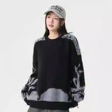 玉儿恋 美式复古不规则撞色提花设计感圆领百搭慵懒感宽松直筒长袖针织衫 男女同款 黑色