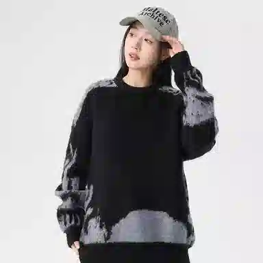 玉儿恋 美式复古不规则撞色提花设计感圆领百搭慵懒感宽松直筒长袖针织衫 男女同款 黑色