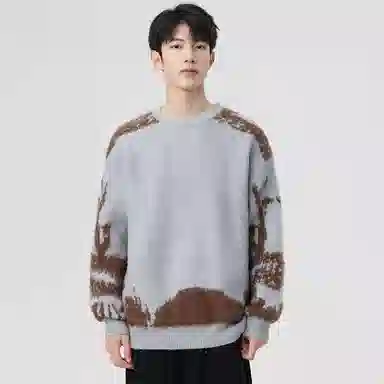 玉儿恋 美式复古不规则撞色提花设计感圆领百搭慵懒感宽松直筒长袖针织衫 男女同款 黑色