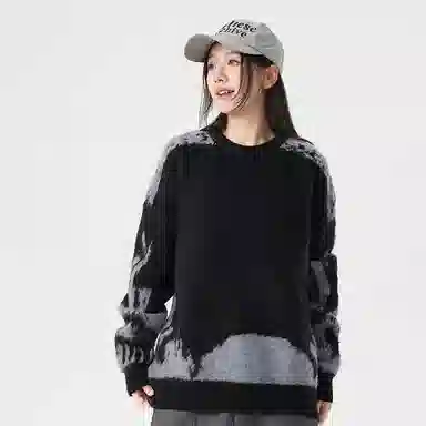 玉儿恋 美式复古不规则撞色提花设计感圆领百搭慵懒感宽松直筒长袖针织衫 男女同款 黑色