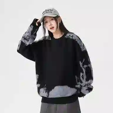 玉儿恋 美式复古不规则撞色提花设计感圆领百搭慵懒感宽松直筒长袖针织衫 男女同款 黑色