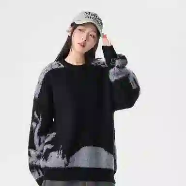 玉儿恋 美式复古不规则撞色提花设计感圆领百搭慵懒感宽松直筒长袖针织衫 男女同款 黑色