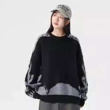 玉儿恋 美式复古不规则撞色提花设计感圆领百搭慵懒感宽松直筒长袖针织衫 男女同款 黑色