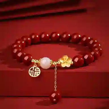 福茹记 转运桃花有钱花 新中式桃花灼灼招桃花花开富贵国潮相思豆镂空福牌串珠 小众高级感转运珠流苏首饰 好运 再造辰砂朱砂 手串 女款