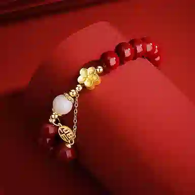 福茹记 转运桃花有钱花 新中式桃花灼灼招桃花花开富贵国潮相思豆镂空福牌串珠 小众高级感转运珠流苏首饰 好运 再造辰砂朱砂 手串 女款