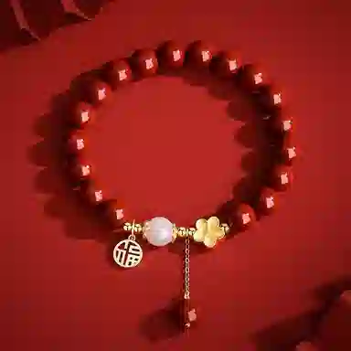 福茹记 转运桃花有钱花 新中式桃花灼灼招桃花花开富贵国潮相思豆镂空福牌串珠 小众高级感转运珠流苏首饰 好运 再造辰砂朱砂 手串 女款