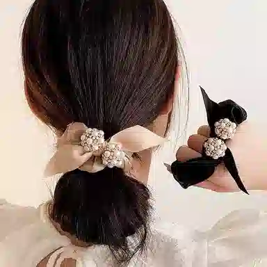 简应舒 蝴蝶结 丸子头 扎马尾 珍珠 发圈 女款