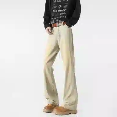 敦煌博物馆 美式复古废土风垂感舒适简约水洗做旧黄泥染微喇牛仔裤 男女同款