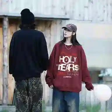 冰飞 美式高街潮流休闲宽松经典百搭通勤慵懒长袖圆领落肩套头卫衣 男女同款