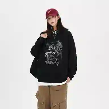 金贝勒 涂鸦字母印花圆领宽松落肩套头长袖重磅卫衣 男女同款