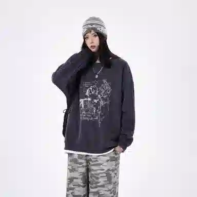 金贝勒 涂鸦字母印花圆领宽松落肩套头长袖重磅卫衣 男女同款