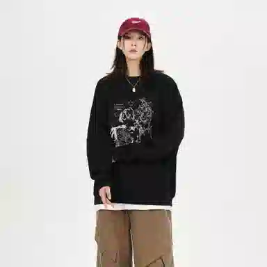 金贝勒 涂鸦字母印花圆领宽松落肩套头长袖重磅卫衣 男女同款