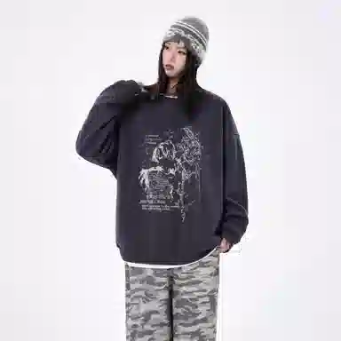 金贝勒 涂鸦字母印花圆领宽松落肩套头长袖重磅卫衣 男女同款