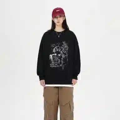 金贝勒 涂鸦字母印花圆领宽松落肩套头长袖重磅卫衣 男女同款