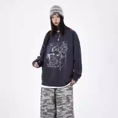 金贝勒 涂鸦字母印花圆领宽松落肩套头长袖重磅卫衣 男女同款