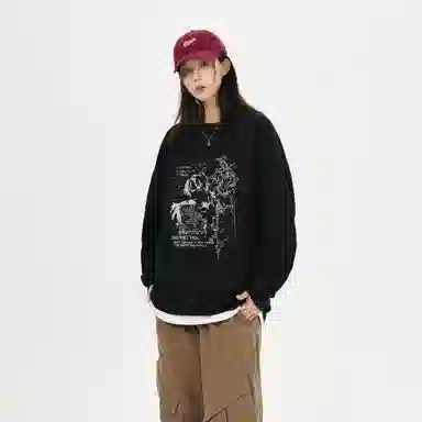 金贝勒 涂鸦字母印花圆领宽松落肩套头长袖重磅卫衣 男女同款