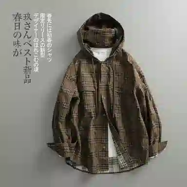 见川 日系极简工装风重水洗棉麻料连帽阔版长袖衬衫 男女同款