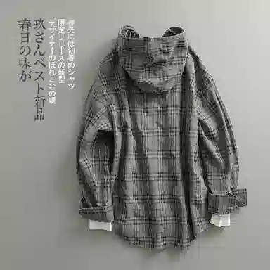 见川 日系极简工装风重水洗棉麻料连帽阔版长袖衬衫 男女同款