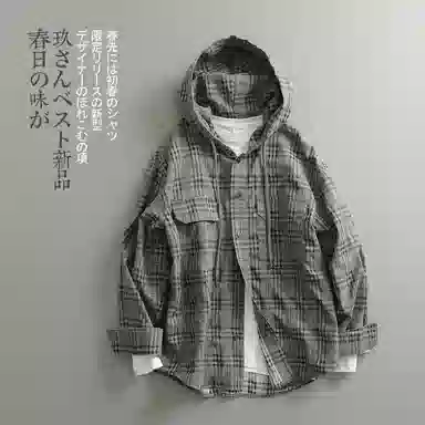 见川 日系极简工装风重水洗棉麻料连帽阔版长袖衬衫 男女同款