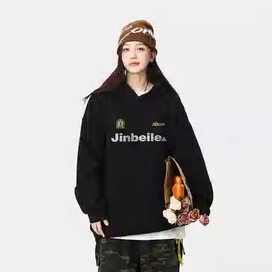 金贝勒 美式复古学院风字母印花潮流百搭重磅休闲宽松套头连帽卫衣 男女同款 黑色