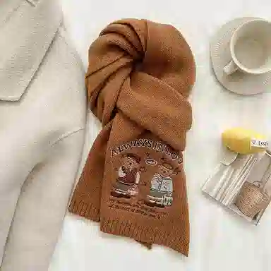 优幽兰 韩系氛围感秋冬季加厚保暖针织护颈时尚百搭小众设计感刺绣显白高级感文艺气质穿搭 绒线围巾 女款