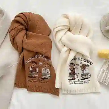 优幽兰 韩系氛围感秋冬季加厚保暖针织护颈时尚百搭小众设计感刺绣显白高级感文艺气质穿搭 绒线围巾 女款