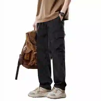 人本 户外百搭纯色中腰系带直筒宽松休闲裤 男女同款 黑色