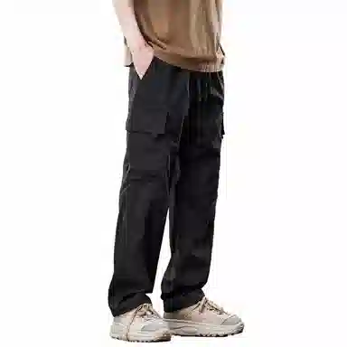 人本 户外百搭纯色中腰系带直筒宽松休闲裤 男女同款 黑色