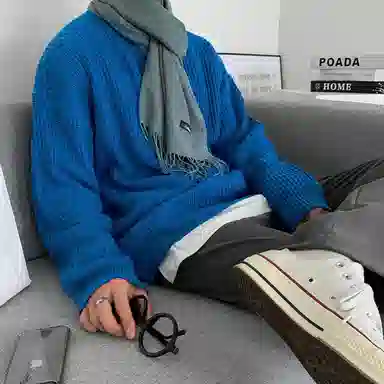 我是大卫 慵懒风宽松圆领套头韩系百搭休闲纯色针织衫 男女同款