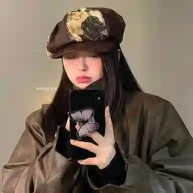 优莲茵 复古小狗图案洋气大帽檐显脸小可松紧八角帽 涤纶 贝雷帽 女款