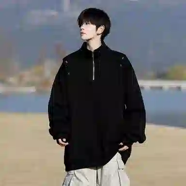 美式学院风潮牌基础款落肩袖简约日常高级感上衣百搭星星铆钉复古重磅半拉链立领纯色高街时尚潮流宽松休闲百搭通勤卫衣 男女同款