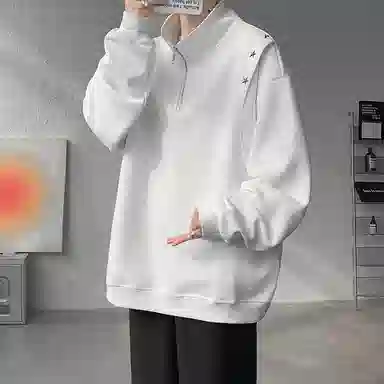 美式学院风潮牌基础款落肩袖简约日常高级感上衣百搭星星铆钉复古重磅半拉链立领纯色高街时尚潮流宽松休闲百搭通勤卫衣 男女同款