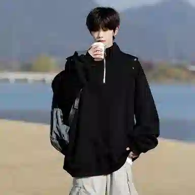 美式学院风潮牌基础款落肩袖简约日常高级感上衣百搭星星铆钉复古重磅半拉链立领纯色高街时尚潮流宽松休闲百搭通勤卫衣 男女同款