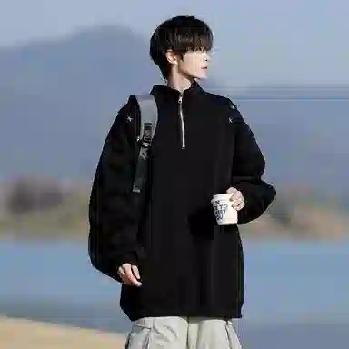 美式学院风潮牌基础款落肩袖简约日常高级感上衣百搭星星铆钉复古重磅半拉链立领纯色高街时尚潮流宽松休闲百搭通勤卫衣 男女同款