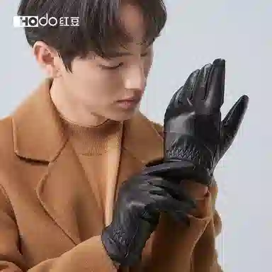 红豆 加绒保暖简约时尚防风防寒户外骑行 绵羊皮 真皮手套 男款