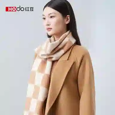 红豆 提花棋盘格保暖时尚围脖 山羊绒 绒线围巾 女款