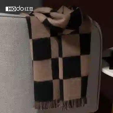 红豆 提花棋盘格保暖时尚围脖 山羊绒 绒线围巾 女款