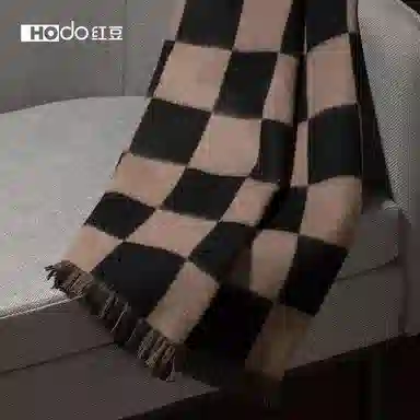 红豆 提花棋盘格保暖时尚围脖 山羊绒 绒线围巾 女款