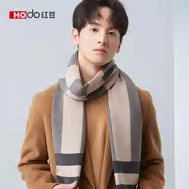 红豆 秋冬保暖格子长款 绒线围巾 男款