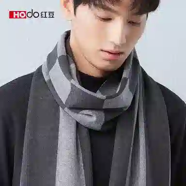 红豆 秋冬保暖格子长款 绒线围巾 男款