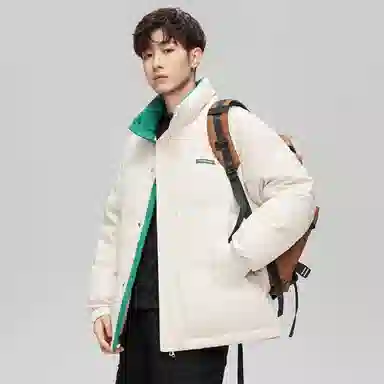 鸭鸭 青年时尚韩版休闲短款拆卸连帽外套纯色拼色户外加厚保暖面包羽绒服 通用 学生党好物