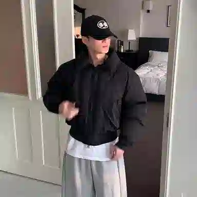 我是大卫 短款翻领美式痞帅飞行工装保暖棉服 男女同款 黑色