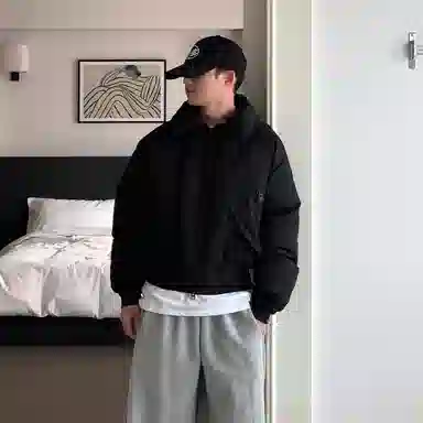 我是大卫 短款翻领美式痞帅飞行工装保暖棉服 男女同款 黑色