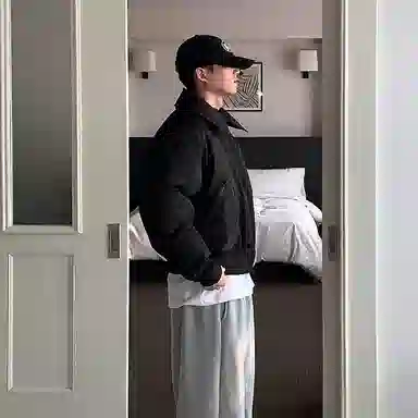 我是大卫 短款翻领美式痞帅飞行工装保暖棉服 男女同款 黑色