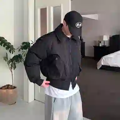 我是大卫 短款翻领美式痞帅飞行工装保暖棉服 男女同款 黑色