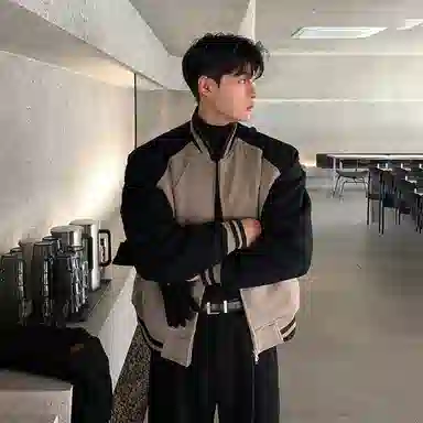 我是大卫 撞色拼接插肩袖棒球领重工高级感轻熟风休闲毛呢夹克外套 男女同款 卡其色