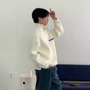 我是大卫 立领韩版时尚小众双拉链保暖针织衫 男女同款 米白色