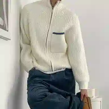 我是大卫 立领韩版时尚小众双拉链保暖针织衫 男女同款 米白色